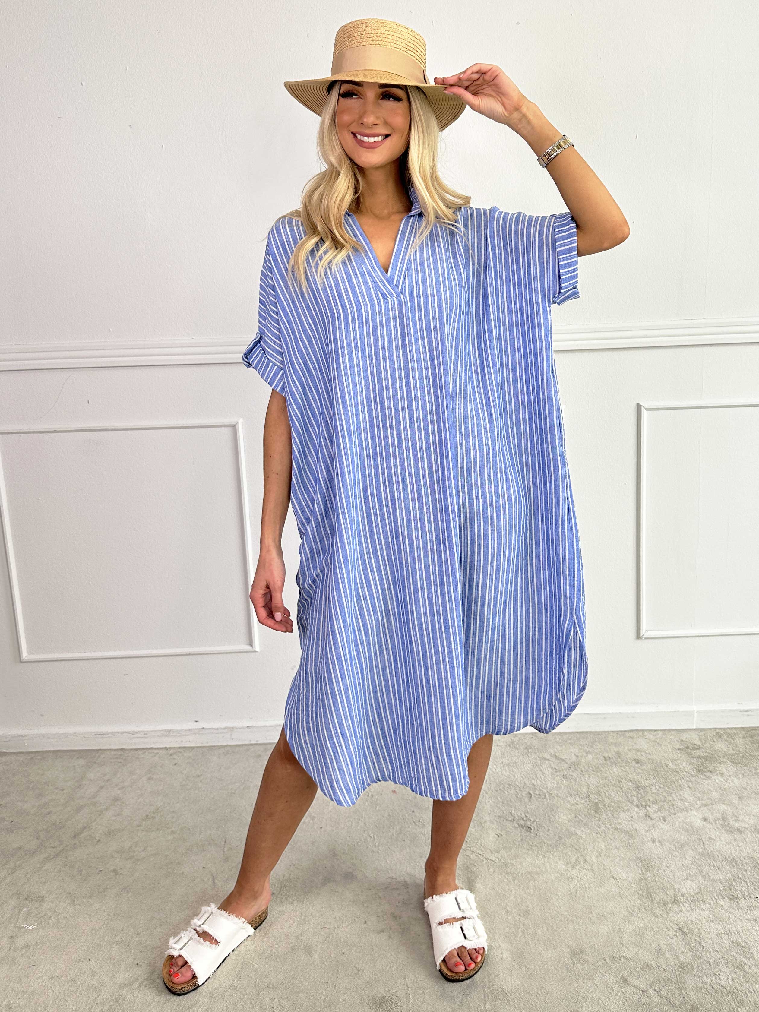 Evelyn - Stribet tunikakjole med skjortekrave